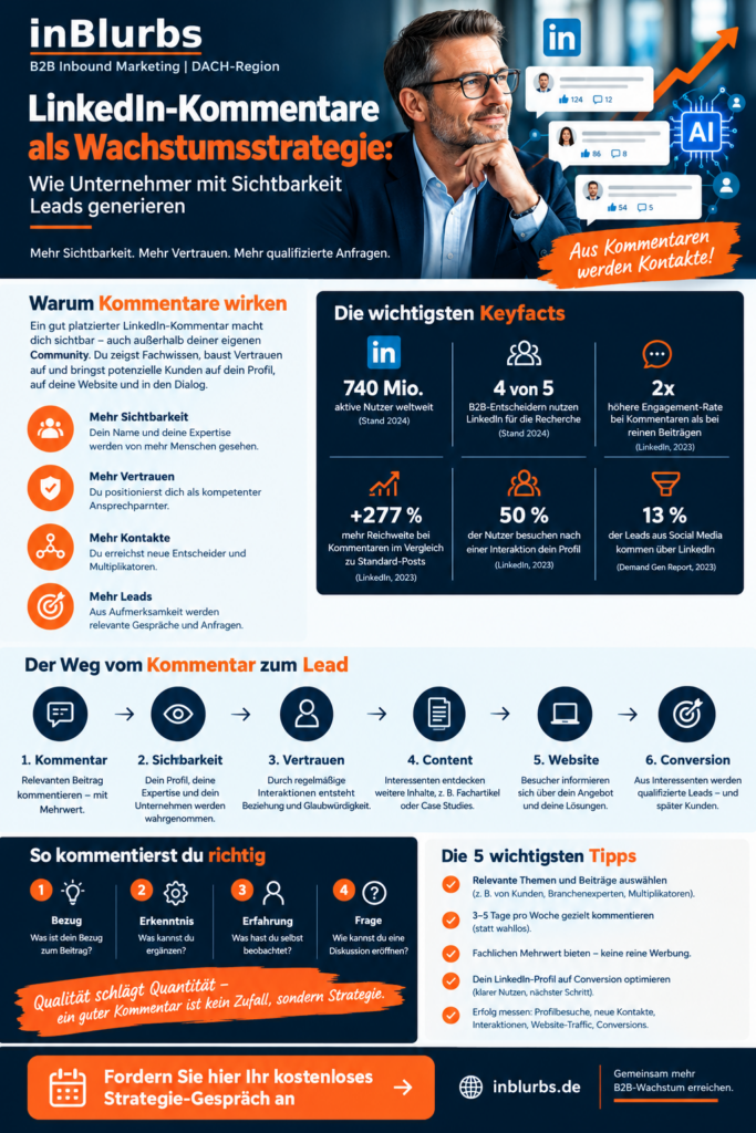 infografik LinkedIn Sichtbarkeit erhöhen, B2B Leads LinkedIn, LinkedIn Marketing Unternehmer, Personal Branding B2B, LinkedIn Leadgenerierung B2B, Customer Journey B2B Marketing, LinkedIn Strategie KMU, digitale B2B Neukundengewinnung, strategische LinkedIn Präsenz, LinkedIn Kommentare Strategie, inblurbs 