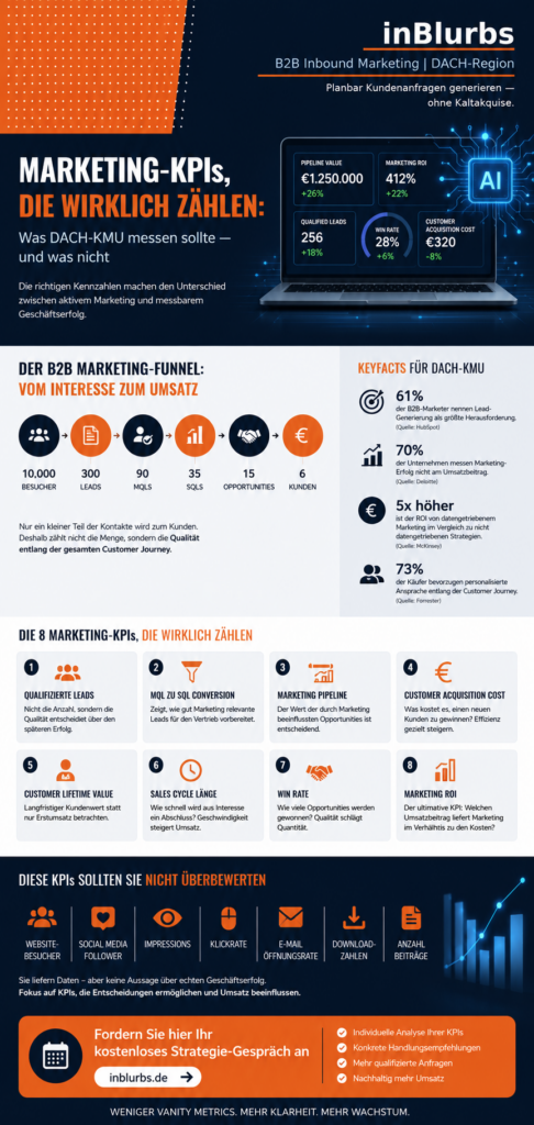 infografik Marketing KPIs messen, qualifizierte Leads generieren, Marketing Pipeline messen, Customer Journey im B2B, B2B Marketing KPIs, Sales Funnel optimieren, Marketing und Vertrieb, SEO KPIs für KMU, Marketing Performance messen, Marketing ROI messen, inblurbs inbound marketing