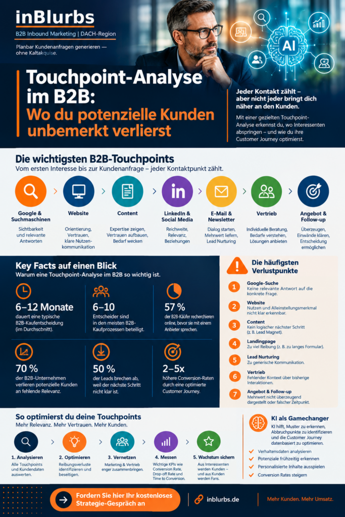 infografik Touchpoint Analyse B2B, B2B Customer Journey, Customer Journey Analyse, Customer Journey optimieren, B2B Suchmaschinenoptimierung, B2B Website Conversion, Content Marketing B2B, Lead Nurturing B2B, Marketing Vertrieb Verzahnung, B2B Marketing Attribution, inblurbs inbound marketing