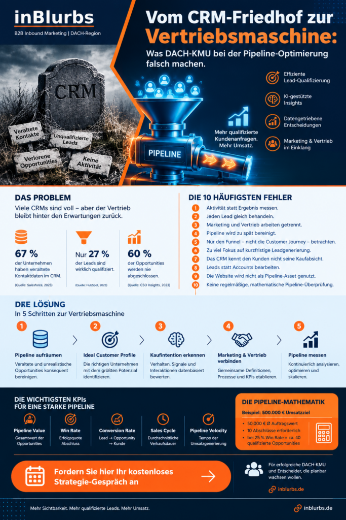 infografik B2B Pipeline Optimierung, B2B Lead Qualifizierung, Marketing Vertrieb Alignment, Customer Journey Optimierung, Datengetriebenes Vertriebsmanagement, KI im B2B Vertrieb, Account Based Marketing, Lead Website Optimierung, Planbare B2B Neukundengewinnung, Qualifizierte B2B Pipeline, inblurbs inbound marketing