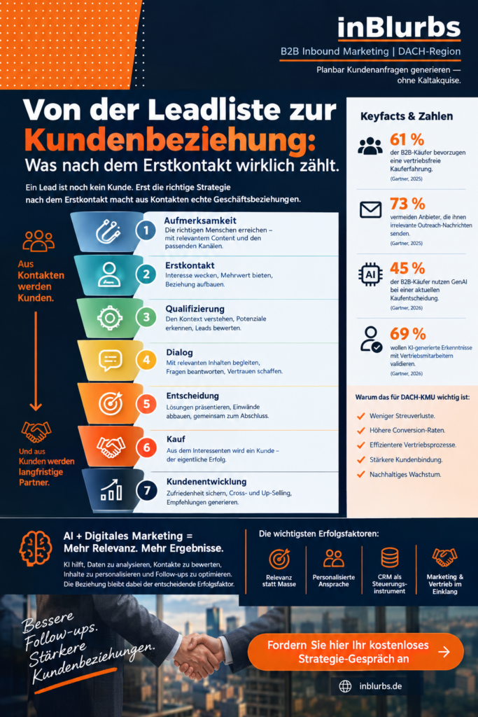 infografik B2B Lead Management, Lead Nurturing Strategie, B2B Kundenbindung stärken, CRM Lead Management, Marketing Vertrieb Alignment, Personalisierte Kundenansprache, Customer Journey Optimierung, B2B Kunden gewinnen, Digitale Kundenbeziehung aufbauen, Qualifizierte Leads entwickeln, inblurbs inbound marketing