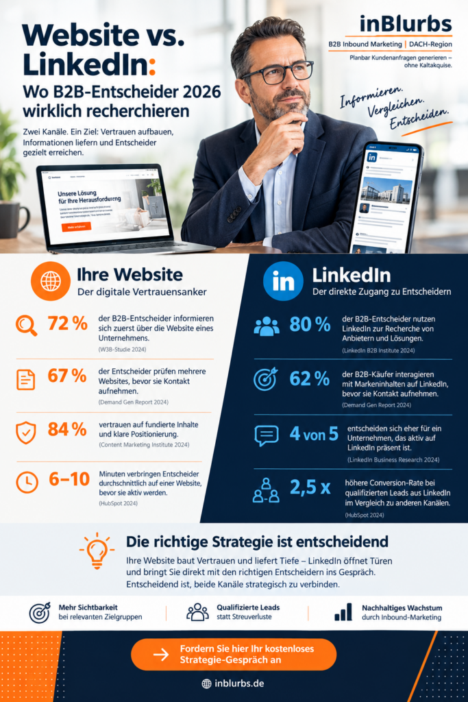 infografik B2B Recherche 2026, B2B Buyer Journey, LinkedIn B2B Marketing, B2B Website optimieren, Digitale B2B Recherche, B2B Kaufentscheidung beeinflussen, B2B Content Strategie, LinkedIn Entscheider erreichen, B2B Sichtbarkeit erhöhen, GEO für Unternehmen, inblurbs inbound marketing