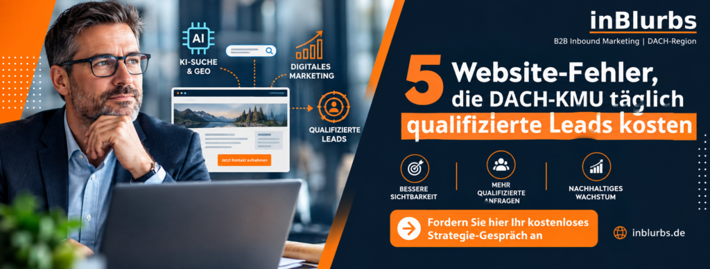 GEO für B2B, KI Suche optimieren, Sichtbarkeit in KI, B2B KI Suche, Website für KI, ChatGPT B2B Sichtbarkeit, generative Suche B2B, KI Suchmaschinen Optimierung, GEO B2B Unternehmen, B2B Content GEO, inblurbs inbound marketing
