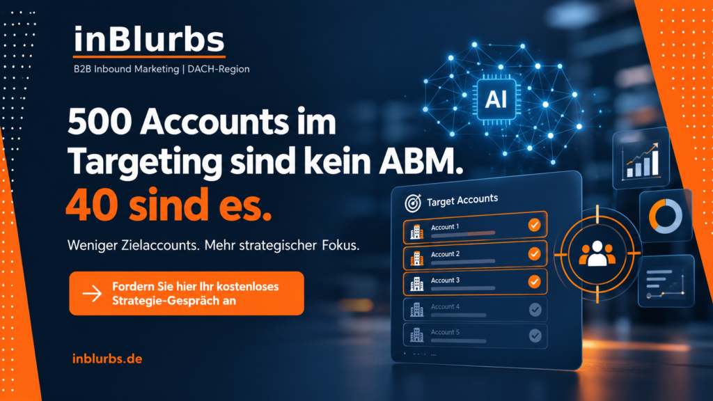 Account Based Marketing, Strategisches Account Marketing, B2B Zielkunden Analyse, Account Priorisierung B2B, Personalisierte B2B Ansprache, B2B Neukunden gewinnen, Qualifizierte B2B Leads, Datengetriebenes B2B Marketing, Marketing Vertrieb Alignment, ABM Strategie für KMU, inblurbs inbound marketing