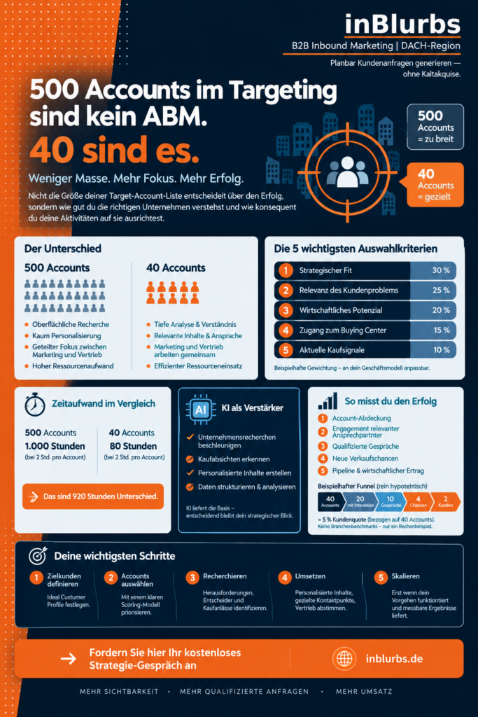 infografik Account Based Marketing, Strategisches Account Marketing, B2B Zielkunden Analyse, Account Priorisierung B2B, Personalisierte B2B Ansprache, B2B Neukunden gewinnen, Qualifizierte B2B Leads, Datengetriebenes B2B Marketing, Marketing Vertrieb Alignment, ABM Strategie für KMU, inblurbs inbound marketing