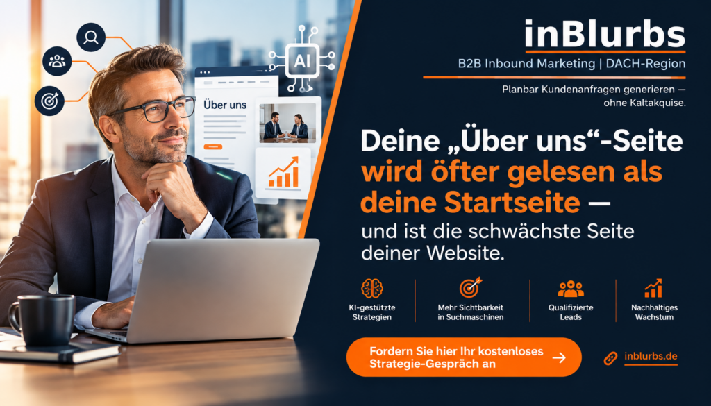 Über uns Seite optimieren, B2B Unternehmen positionieren, B2B Positionierung entwickeln, B2B Customer Journey optimieren, Qualifizierte B2B Leads gewinnen, Website Conversion B2B steigern, Sichtbarkeit in KI-Suche erhöhen, Wettbewerberanalyse B2B durchführen, Vertrauen im B2B aufbauen, Unternehmenswebsite strategisch optimieren, inblurbs inbound marketing
