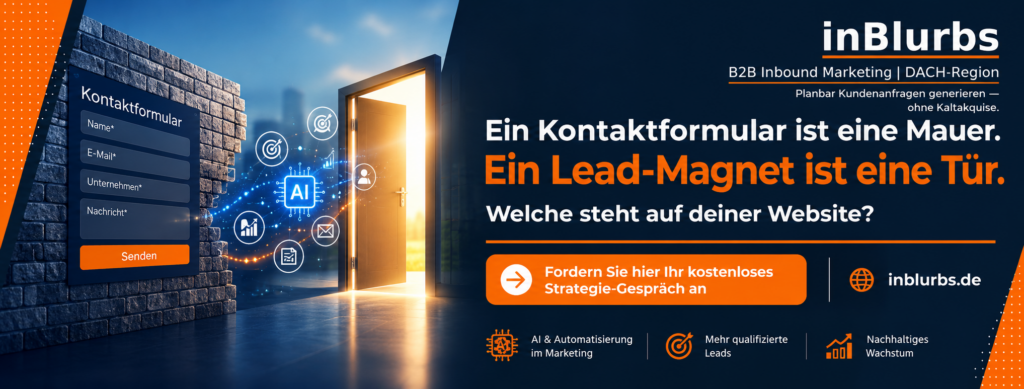 B2B Leadgenerierung System, Leadgenerierung ohne Kaltakquise, B2B Landingpage optimieren, Marketing Funnel optimieren, B2B Conversion Rate, CRM Lead Qualifizierung, Lead Magnet B2B Strategie, Qualifizierte Leads generieren, Conversion Optimierung B2B, B2B Lead Nurturing, inblurbs inbound marketing