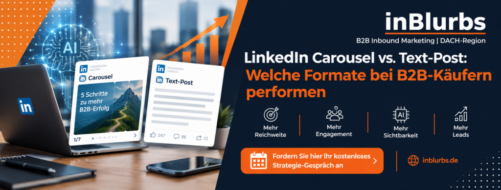 LinkedIn B2B Content, LinkedIn Carousel erstellen, B2B Käufer erreichen, LinkedIn Text Posts, B2B Content Strategie, LinkedIn Engagement steigern, B2B Leads gewinnen, LinkedIn Content Formate, Social Selling B2B, LinkedIn Marketing B2B, inblurbs inbound marketing