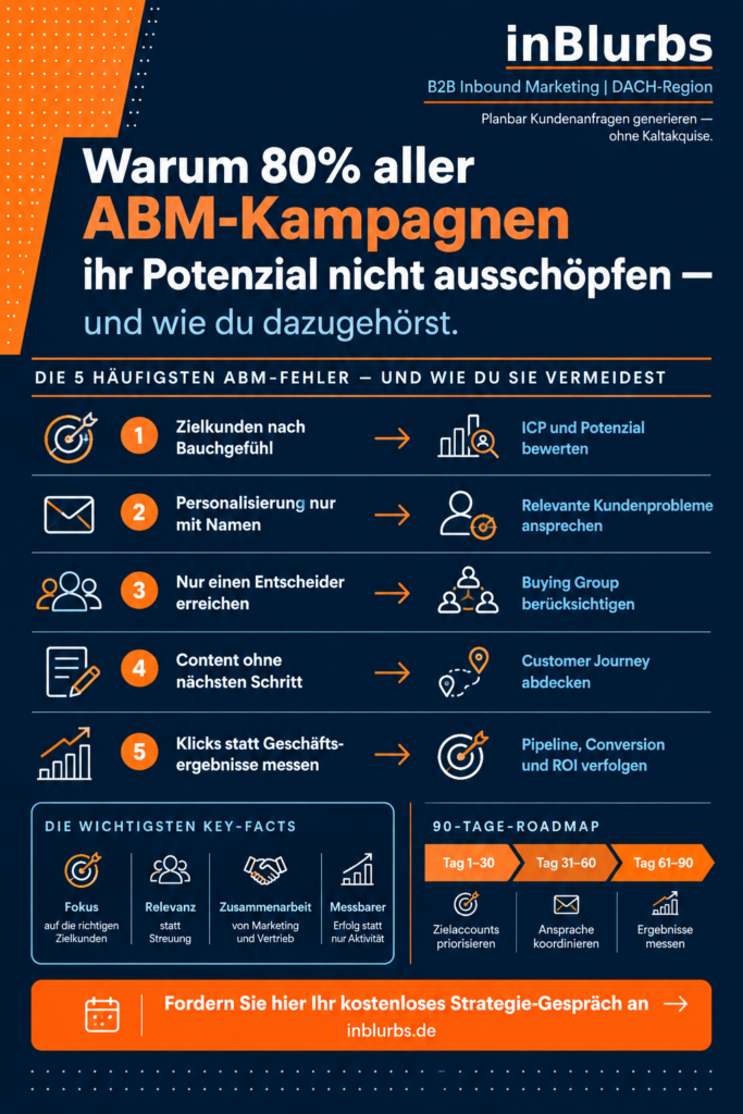 infografik Account Based Marketing, B2B Zielkundenanalyse durchführen, ABM Strategie entwickeln, B2B Kunden gezielt gewinnen, Personalisierte B2B Ansprache, Marketing Vertrieb Abstimmung, B2B Customer Journey, ABM Erfolgsmessung verbessern, KI gestützte Akquise, GEO Optimierung B2B, inblurbs inbound marketing