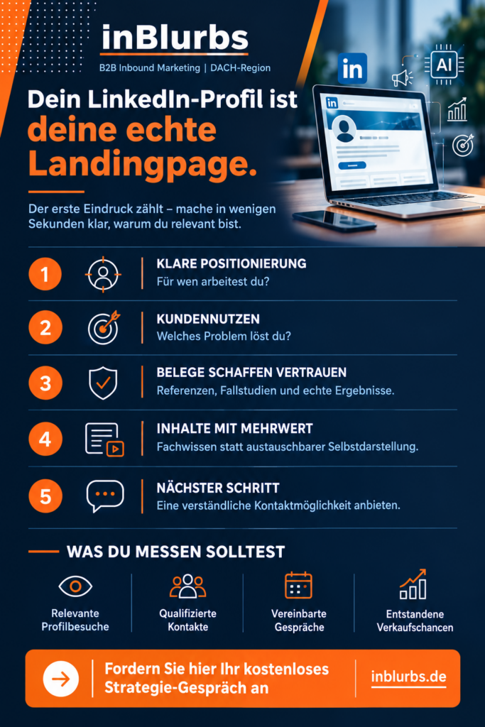infografik LinkedIn Profil optimieren, LinkedIn Leads generieren, LinkedIn Positionierung B2B, LinkedIn Marketing Strategie, LinkedIn Profil Conversion, B2B Kunden gewinnen, LinkedIn Headline Optimierung, B2B Leadgenerierung LinkedIn, LinkedIn Marketing Unternehmen, B2B Positionierung optimieren, inblurbs inbound marketing