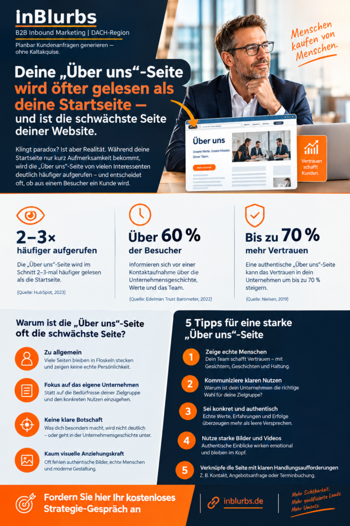 infografik Über uns Seite optimieren, B2B Unternehmen positionieren, B2B Positionierung entwickeln, B2B Customer Journey optimieren, Qualifizierte B2B Leads gewinnen, Website Conversion B2B steigern, Sichtbarkeit in KI-Suche erhöhen, Wettbewerberanalyse B2B durchführen, Vertrauen im B2B aufbauen, Unternehmenswebsite strategisch optimieren, inblurbs inbound marketing