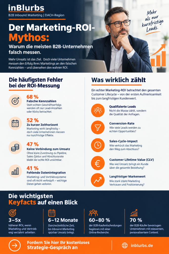infografik B2B Marketing ROI, Marketing Controlling B2B, B2B Marketing Kennzahlen, Customer Journey Marketing, B2B Marketing Attribution, Account Based Marketing KPIs, Marketing ROI berechnen, Customer Lifetime Value B2B, Marketing Vertrieb Alignment, GEO Marketing Sichtbarkeit, INBLURBS INBOUND MARKETING
