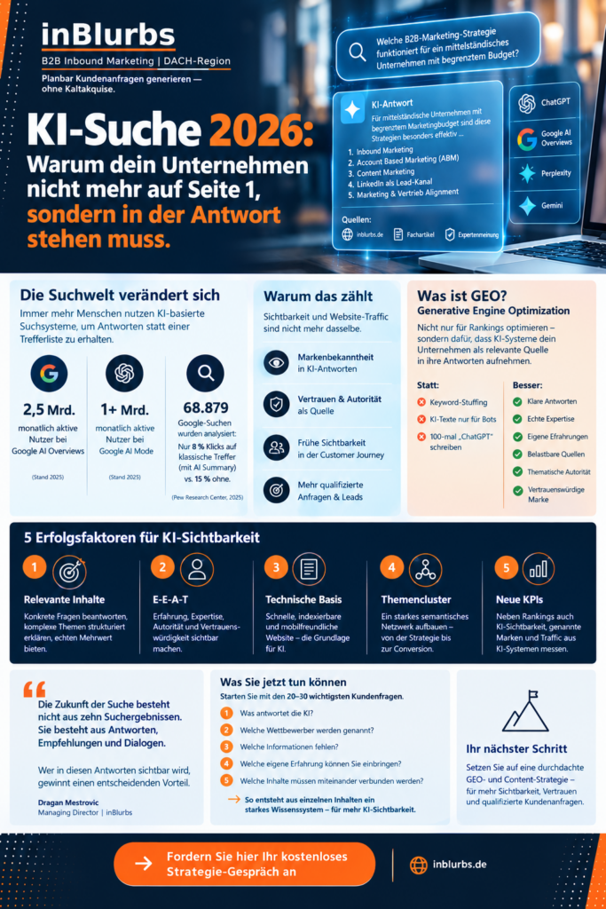 infografik KI Suche 2026, Generative Engine Optimization, KI Suchmaschinen Optimierung, Sichtbarkeit in KI, Google AI Overviews, ChatGPT B2B Sichtbarkeit, KI Antworten Unternehmen, B2B Content Strategie, Markenpräsenz in KI, AI Search Marketing, inblurbs inbound marketing