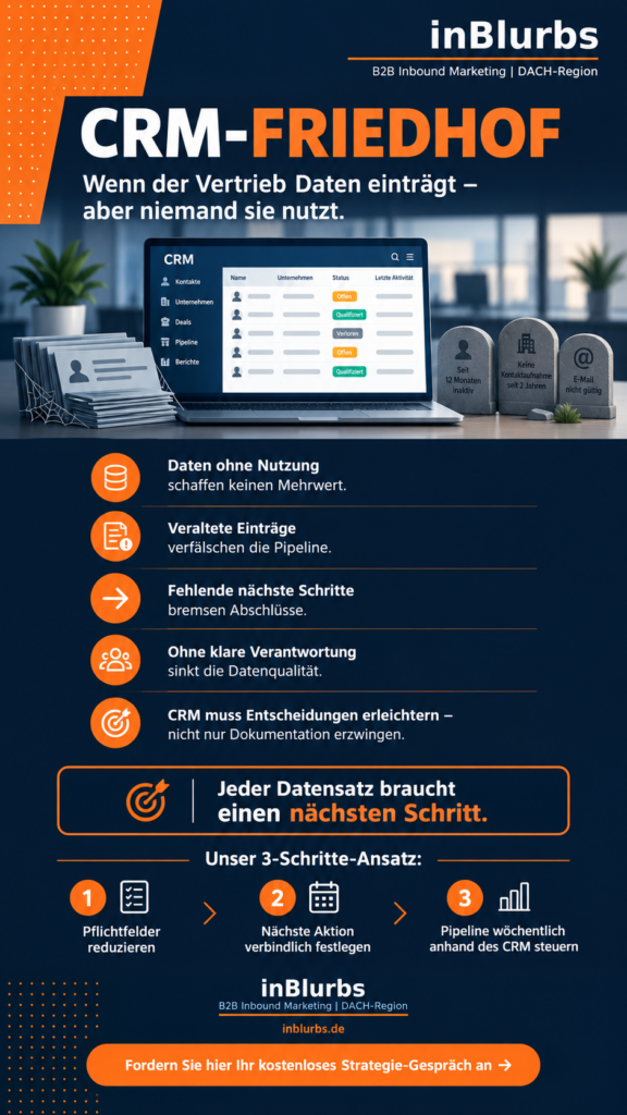 infografik CRM Datenqualität im Vertrieb, CRM Datenpflege für KMU, B2B Customer Journey analysieren, Marketing Vertrieb Alignment, CRM Vertriebssteuerung optimieren, CRM Automatisierung im B2B, CRM Software für den Vertrieb, KI gestützte Vertriebssteuerung, qualifizierte B2B Leads generieren, Vertriebsprozesse datenbasiert verbessern, inblurbs inbound marketing