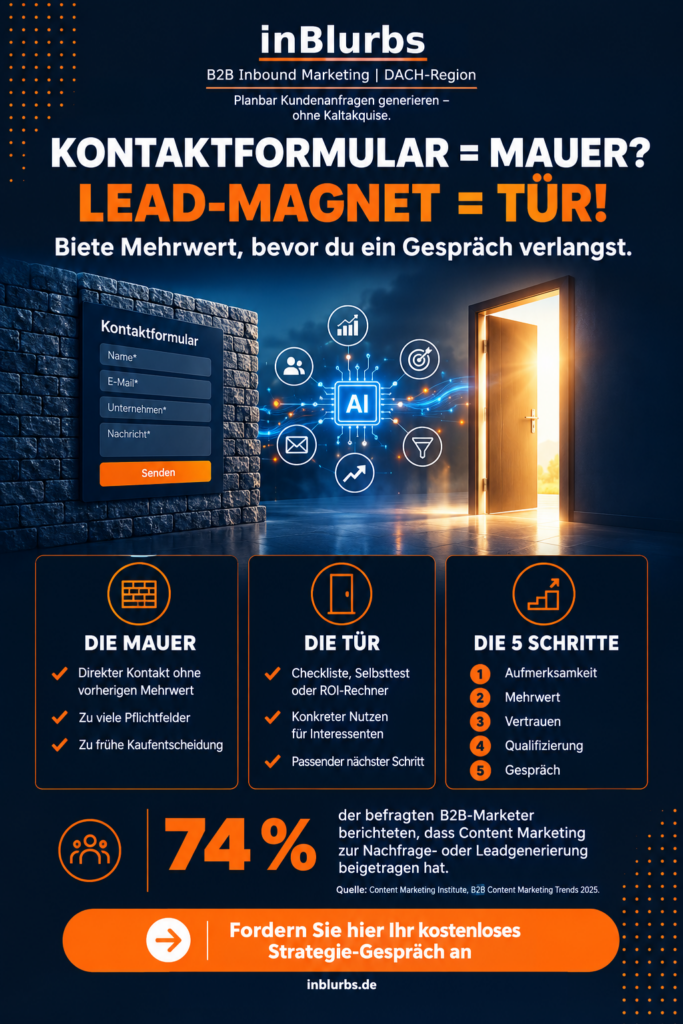 infografik B2B Leadgenerierung System, Leadgenerierung ohne Kaltakquise, B2B Landingpage optimieren, Marketing Funnel optimieren, B2B Conversion Rate, CRM Lead Qualifizierung, Lead Magnet B2B Strategie, Qualifizierte Leads generieren, Conversion Optimierung B2B, B2B Lead Nurturing, inblurbs inbound marketing