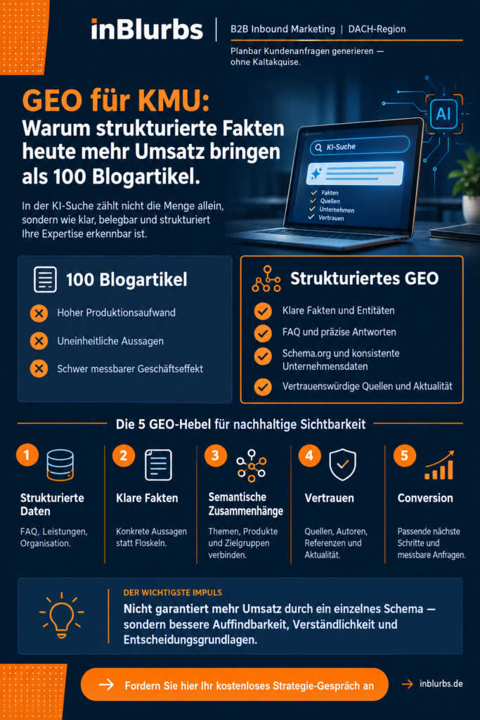 infografik GEO Optimierung für Unternehmen, GEO Strategie für KMU, strukturierte Daten für SEO, KI Sichtbarkeit für Unternehmen, B2B Leadgenerierung mit KI, Generative Engine Optimization KMU, KI Suchmaschinenoptimierung für Unternehmen, digitale Sichtbarkeit im Mittelstand, strukturierte Unternehmensdaten optimieren, qualifizierte B2B Kundenanfragen generieren, inblurbs inbound marketing
