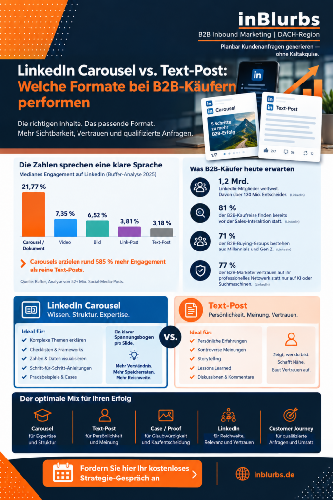 infografik LinkedIn B2B Content, LinkedIn Carousel erstellen, B2B Käufer erreichen, LinkedIn Text Posts, B2B Content Strategie, LinkedIn Engagement steigern, B2B Leads gewinnen, LinkedIn Content Formate, Social Selling B2B, LinkedIn Marketing B2B, inblurbs inbound marketing