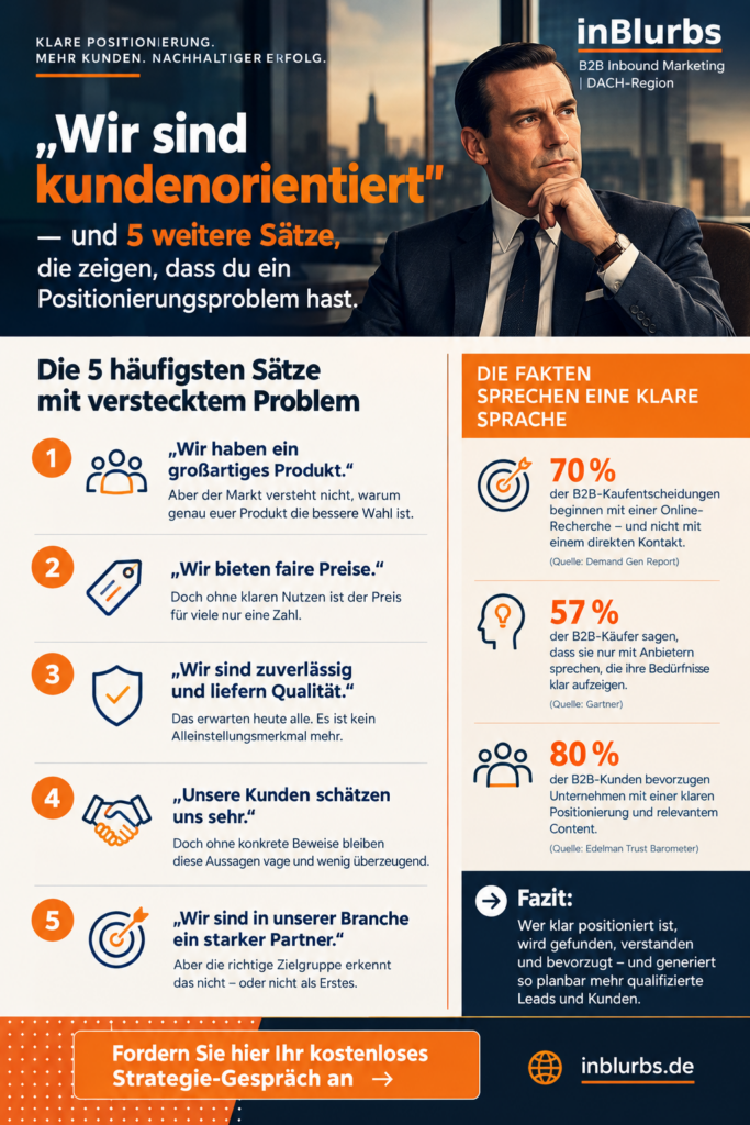 infografik Strategische Unternehmenspositionierung, Klare B2B Positionierung, Differenzierende Markenbotschaft entwickeln, Zielgruppe präzise definieren, Kundennutzen überzeugend kommunizieren, Wettbewerbsvorteile sichtbar machen, B2B Marketing Strategie, Ideale Kunden gewinnen, Positionierung im Mittelstand, Nachhaltige Neukundengewinnung B2B, inblurbs inboudn marketing