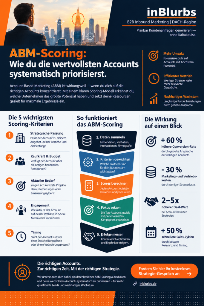infografik ABM Scoring B2B, B2B Account Priorisierung, Ideal Customer Profile B2B, Account Based Marketing Strategie, Qualifizierung von Zielaccounts, Kaufbereitschaft im B2B, Datengetriebenes B2B Marketing, CRM-basierte Account Priorisierung, B2B Vertriebschancen systematisch bewerten, Hochwertige B2B Leads gewinnen, inblurbs inbound marketing